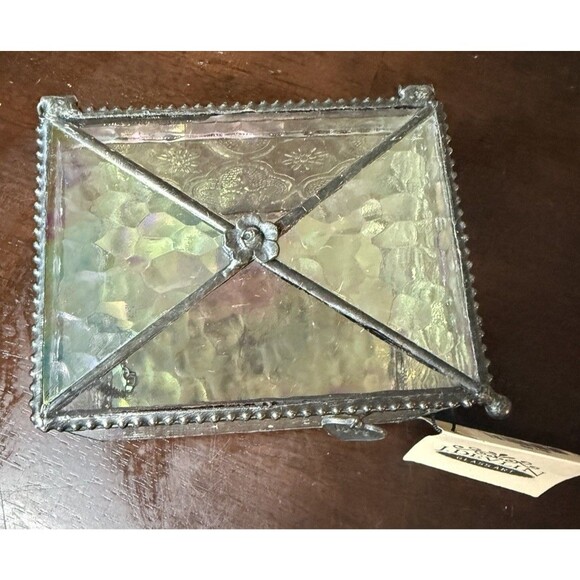 J Devlin Vintage Stained Glass Jewelry Box #408 Trinket Box LOVE Charm with Tag - Picture 2 of 11
